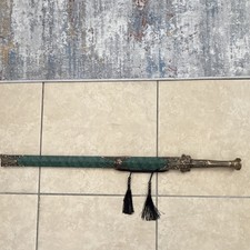 Decorative Reproduction Jian Sword w/ Green Scabbard & Tassels, Metal Hilt picture