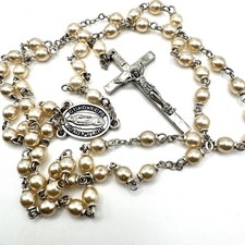 Vtg Catholic Rosary Faux Pearl Beads Silver Tone Our Lady of Guadalupe Italy picture