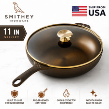 Smithey Seasoned Cast Iron Deep Skillet with Lid, 11 in NEW. picture