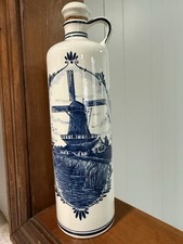 BOLS Delft Blue Genever Ceramic Bottle Decanter w/ Stopper Windmill, Holland picture